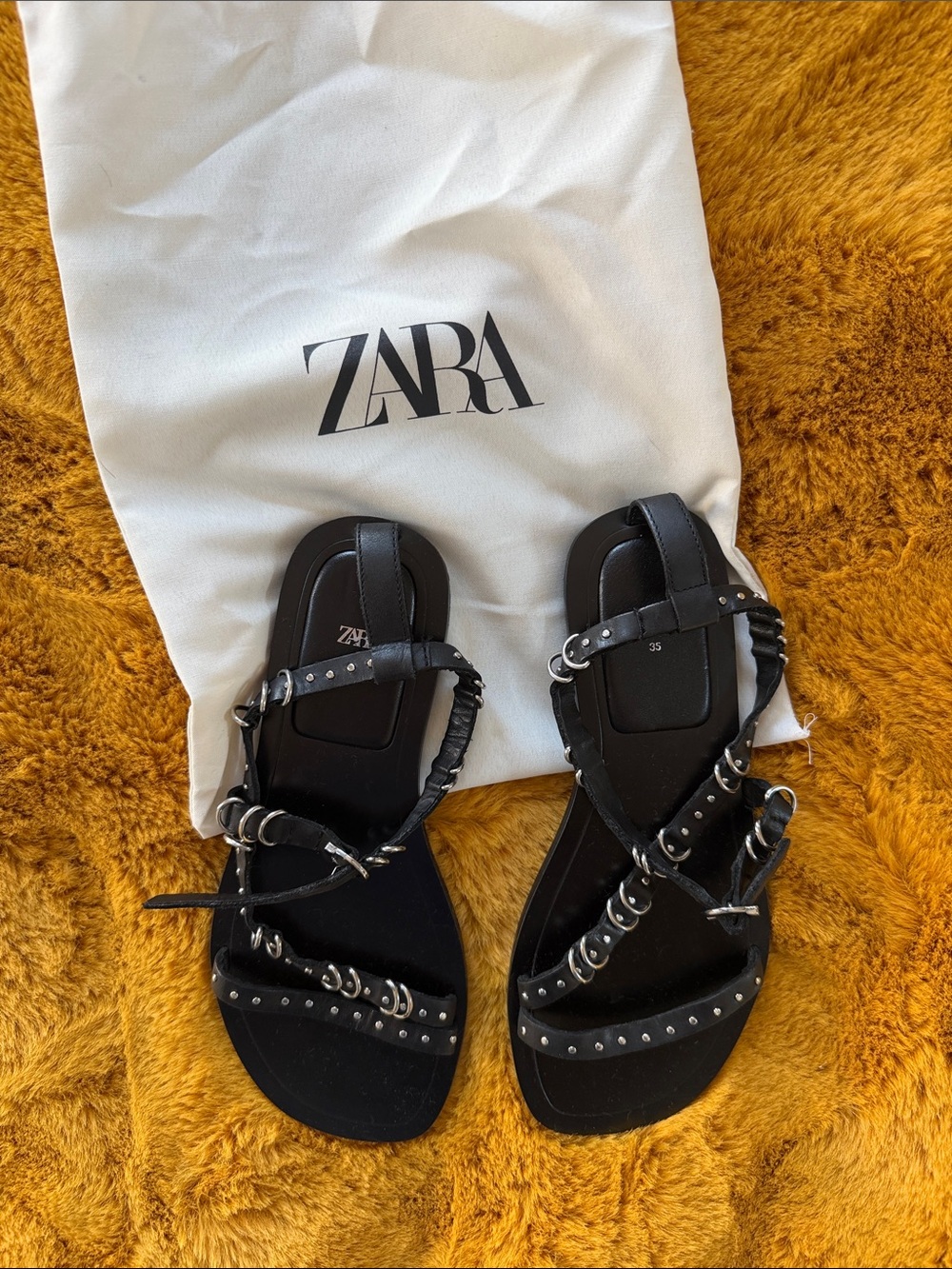 ZARA Black Studded Strappy Flat Sandals